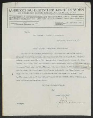 Brief von Fritz Brehmer von Jahresschau deutscher Arbeit  an Gerhart Hauptmann