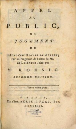 Appel au public du jugement sur un fragment de Lettre de M. de Leibnitz