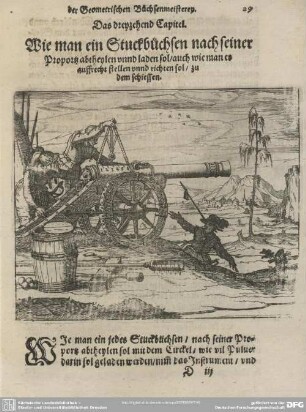 Das dreyzehend Capitel. Wie man ein Stuckbüchsen nach seiner Proportz abtheylen unnd laden sol/ auch wie man es auffrecht stellen unnd richten sol/ zu dem schiessen.