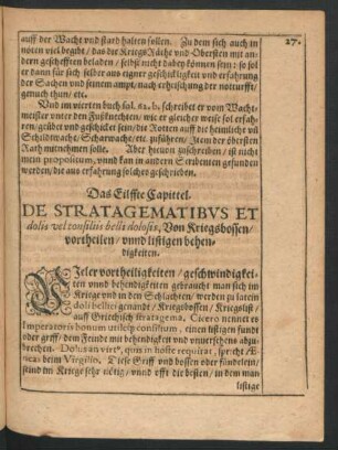 Das Eilffte Capittel. De Stratagematibus Et dolis vel consiliis belli dolosis, Von Kriegsbossen/ vortheilen/ unnd listigen behendigkeiten.