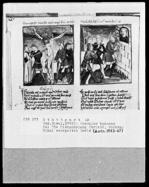 Zwei Schriften — Speculum humanae salvationis — Textseite mit zwei Miniaturen, Folio 75verso