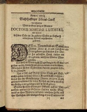 Kurtzer/ jedoch Wahrhafftiger Lebens-Lauff des thewren Und in Gott seligen Mannes Doctoris Martini Lutheri [...]