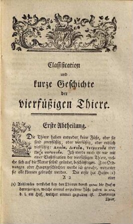 Jakob Theodor Kleins, Sekretärs der Stadt Danzig, der Königlichen Societät in London, und der Bolognesischen Akademie der Wissenschaften Mitgliedes, Classification und Kurze Geschichte der Vierfüßigen Thiere
