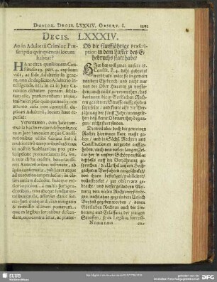Decis. LXXXIV. An in Adulterii Crimine Praescriptio quinquennii locum habeat?