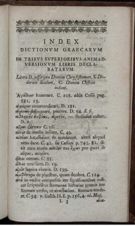 Index Dictionvm Graecarvm In Tribvs Svperioribvs Animadversionvm Libris Declaratvm.