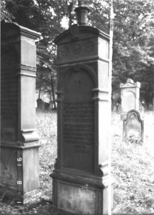 Grabstein 206 (Index: 99609842) Material: Sandstein Zustand: gut, Schrift mit schwarzer Farbe nachgezogen Beschreibung: Stele, Segmentbogenabschluß mit Verdachung und Urnenaufsatz, Schriftfeld eingetieft mit Rundbogenabschluß, Sockel Symbolik: Urne, Rosetten: Grabstein 206 (Nachholaufnahme 1)