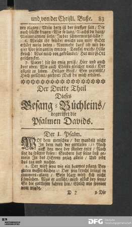 Der Dritte Theil Dieses Gesang-Büchleins / begreiffet die Psalmen Davids.