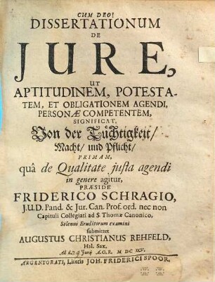 Dissertationum De Iure, Ut Aptitudinem, Potestatem, Et Obligationem Agendi, Personae Competentem, Significat, Von der Tüchtigkeit/ Macht/ und Pflicht/ Primam, qua de Qualitate iusta agendi in genere agitur