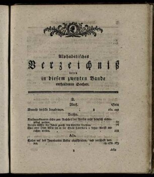 Alphabetisches Verzeichniß deren in diesem zweyten Bande enhaltenen Sachen.