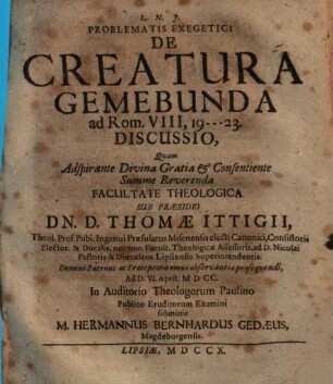 Problematis exegetici de creatura gemebunda ad Rom. VIII, 19 - 23. discussio