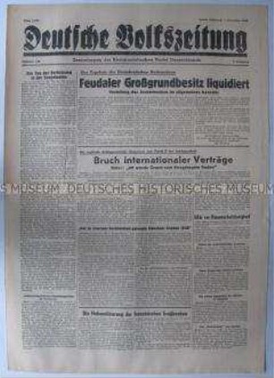 Tageszeitung der KPD "Deutsche Volkszeitung" u.a. mit einem Bericht über den Verlauf der Bodenreform
