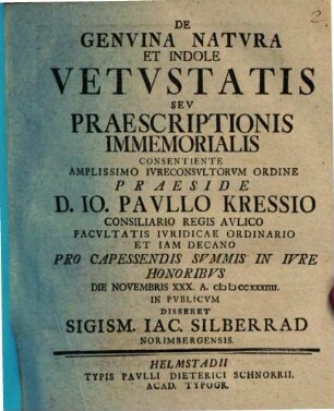De Genvina Natvra Et Indole Vetvstatis Sev Praescriptionis Immemorialis