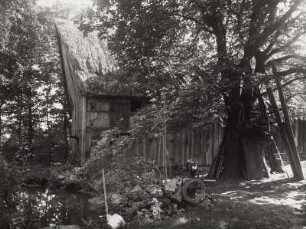 Polenz, Bauernhof : Polenz. Bauernhof, Stallgebäude. Hofansicht mit Bauern beim Dengeln