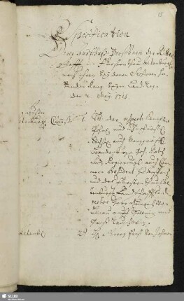 Specification Derer Ausschuß-Persohnen der Ritterschafft in Fürstenthum Altenburgk nach ihren bey denen Sessionen habenden Rang, beym Land-Tage den 2. May. 1715.