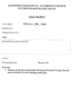 GOSSNER COLLEGE MINUTES