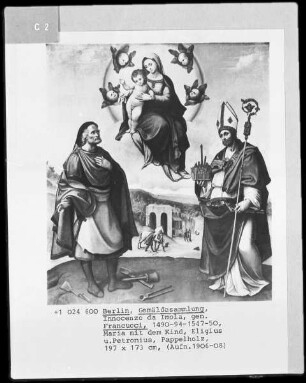 Maria mit dem Kind in der Glorie, verehrt von den Heiligen Eligius und Petronius