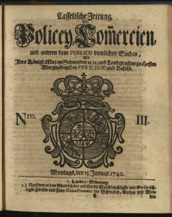 Nro. III, Montags, den 15. Januar 1742