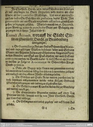Extract Accords, worauff die Stadt Stetin an Churfürstl. Durchl. zu Brandenburg übergangen