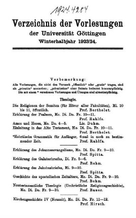 Verzeichnis der Vorlesungen der Universität Göttingen Winterhalbjahr 1923/24