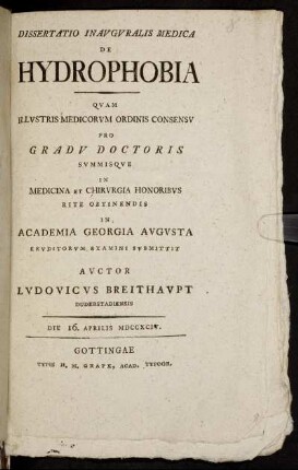 Dissertatio Inauguralis Medica De Hydrophobia
