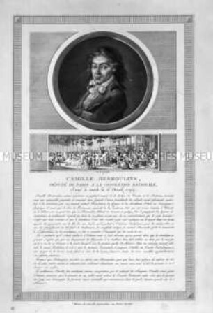 Porträt Camille Desmoulins und Darstellung als Redner vor dem Palais Egalité (Porträtfolge zur Französischen Revolution)