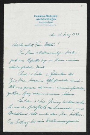 Brief von Frederick W. J. Heuser von Columbia University / Deutsches Haus  an Margarete Hauptmann