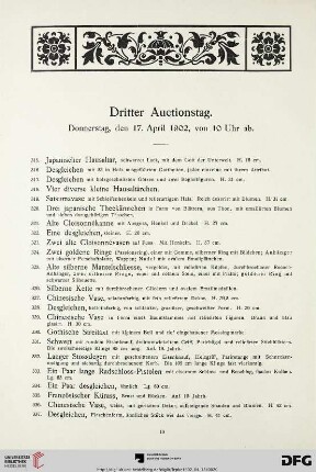 Dritter Auctionstag. Donnerstag, den 17. April 1902, von 10 Uhr ab (Nr. 315-488)