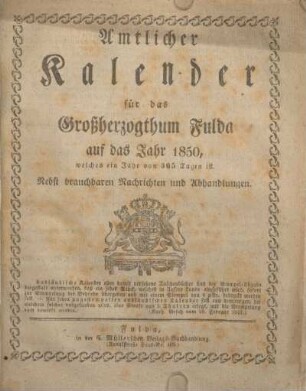 1850: Amtlicher Kalender für das Großherzogthum Fulda
