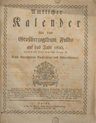 1850: Amtlicher Kalender für das Großherzogthum Fulda