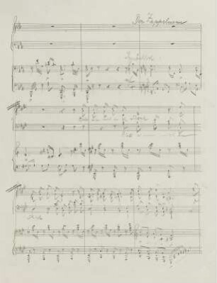 Mauersberger, Rudolf: Der Zappelmann für Knaben- oder Frauenchor, Solostimmen, gemischten Chor und Klavierbegleitung. Weihnachtszyklus für die Kruzianer auf Text von Kurt Arnold Findeisen. Autograph der Partitur; 33,2 x 26,5 cm. Seite 3 (später Kleiner Dresdner Weihnachtszyklus Nr. 5, Druck 1951). Dresden: SLUB Mus.11302-C-501