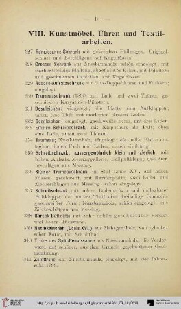 VIII. Kunstmöbel, Uhren und Textilarbeiten (Nr. 327-400)
