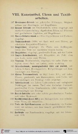 VIII. Kunstmöbel, Uhren und Textilarbeiten (Nr. 327-400)