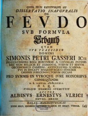 Dissertatio Inavgvralis De Fevdo Svb Formvla Erbguth