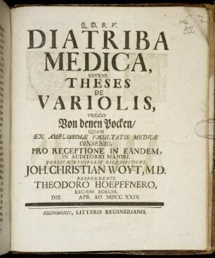 Diatriba Medica, Sistens Theses De Variolis, Vulgo Von denen Pocken