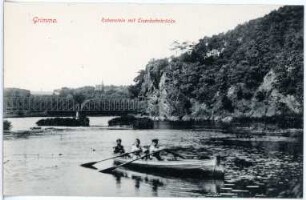 Grimma. Rabenstein mit Eisenbahnbrücke und Ruderboot