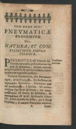 Pneumaticae Prooemium De Natura, Et Constitutione Pneumatologiae.