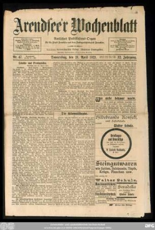 Arendsee'r Wochenblatt, Nr. 47. Donnerstag, den 21. April 1921.