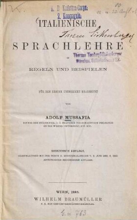 Italienische Sprachlehre : für den ersten Unterricht bearbeitet