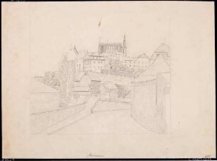 Meißen mit dem Burgberg, Blick auf den Dom mit neogotischer Balustrade (1842 Abriss des "Schafstalls", auf zweitem Turmgeschoss) von der Fürsten- und Landesschule St. Afra aus