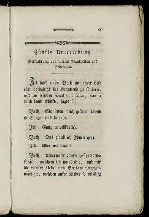 Fünfte Unterredung. Verwahrung vor allerley Krankheiten und Gebrechen.