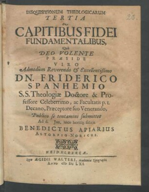 Disquisitionum Theologicarum Tertia De Capitibus Fidei Fundamentalibus
