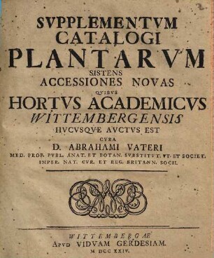 Svpplementvm Catalogi Plantarvm Sistens Accessiones Novas Qvibvs Hortvs Academicvs Wittembergensis Hvcvsqve Avctvs Est