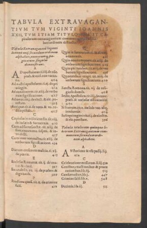 Tabula Extravagantium Tum Viginti Ioannis XXII, Tum Etiam Titulorum Et Capitulorum extravagantium communium ...