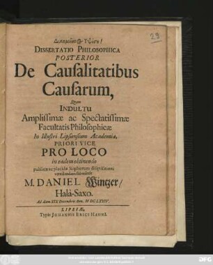 Dissertatio Philosophica Posterior De Causalitatibus Causarum