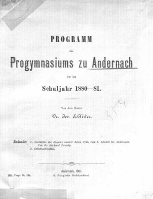 1: Geschichte des Klosters unserer lieben Frau zum h. Thomas bei Andernach