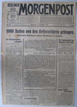 Tageszeitung "Berliner Morgenpost" u.a. zum Sieg der Österreicher über die russischen Truppen in Galizien