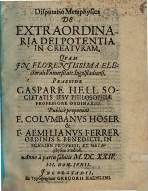 Disputatio Metaphysica De extraordinaria Dei Potentia In Creatvram