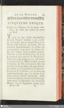 Cinquieme époque. Lorsque les Éléphans & les autres Animaux du Midi ont habité les terres du Nord