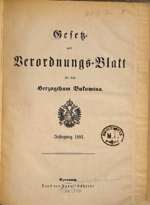 Gesetz- und Verordnungsblatt für das Herzogtum Bukowina. 1881, 1881
