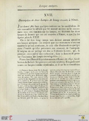 XVII.Description de deux Lampes de bronze trouvées à Nîmes